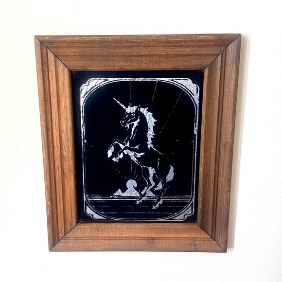 Vintage Unicorn Fantasy Carnival Glass Foil Art Novelty Picture Wood Framed 80s - Picture 3 of 6